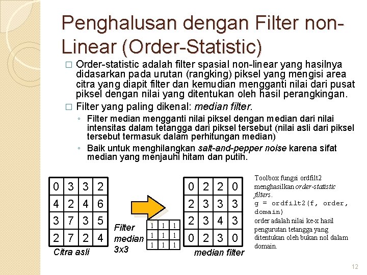 Penghalusan dengan Filter non. Linear (Order-Statistic) Order-statistic adalah filter spasial non-linear yang hasilnya didasarkan