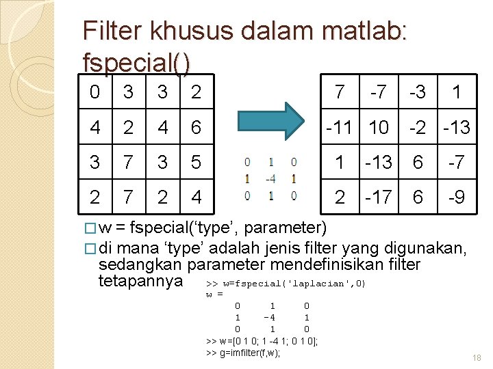 Filter khusus dalam matlab: fspecial() 0 3 3 2 7 -7 4 2 4