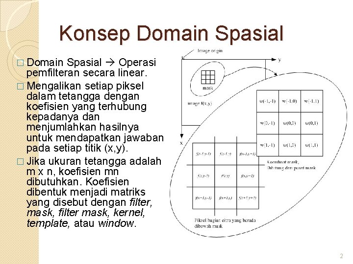 Konsep Domain Spasial � Domain Spasial Operasi pemfilteran secara linear. � Mengalikan setiap piksel