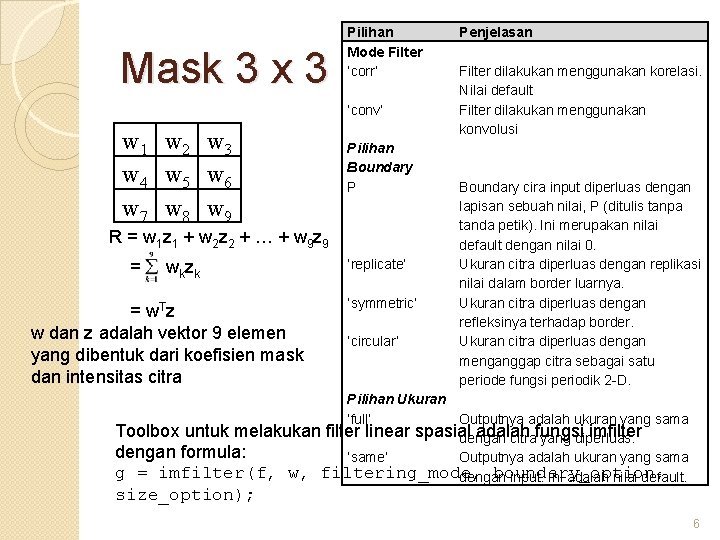 Mask 3 x 3 Pilihan Mode Filter ‘corr’ ‘conv’ w 1 w 2 w