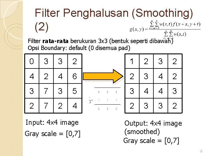 Filter Penghalusan (Smoothing) (2) Filter rata-rata berukuran 3 x 3 (bentuk seperti dibawah) Opsi