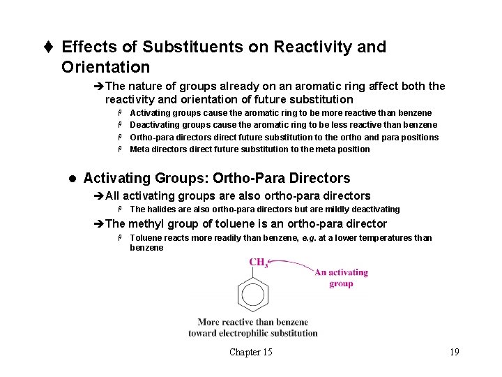 t Effects of Substituents on Reactivity and Orientation èThe nature of groups already on t Effects of Substituents on Reactivity and Orientation èThe nature of groups already on