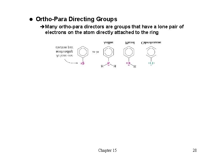l Ortho-Para Directing Groups èMany ortho-para directors are groups that have a lone pair l Ortho-Para Directing Groups èMany ortho-para directors are groups that have a lone pair