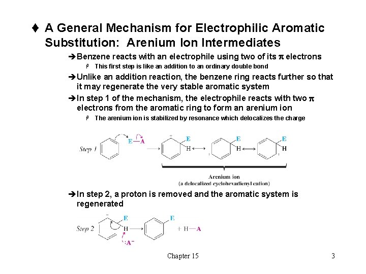 t A General Mechanism for Electrophilic Aromatic Substitution: Arenium Ion Intermediates èBenzene reacts with t A General Mechanism for Electrophilic Aromatic Substitution: Arenium Ion Intermediates èBenzene reacts with
