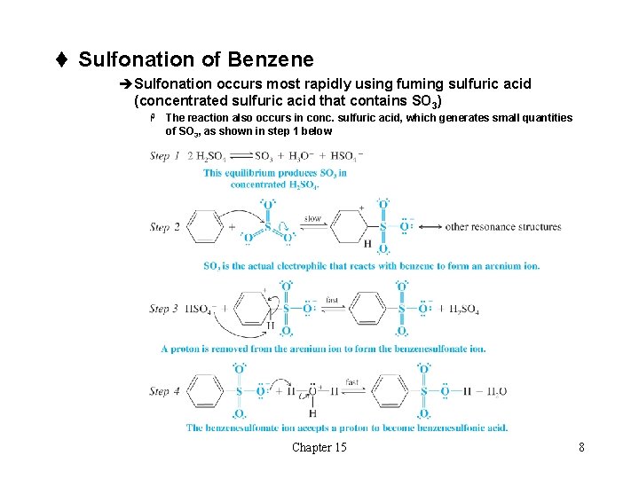 t Sulfonation of Benzene èSulfonation occurs most rapidly using fuming sulfuric acid (concentrated sulfuric t Sulfonation of Benzene èSulfonation occurs most rapidly using fuming sulfuric acid (concentrated sulfuric