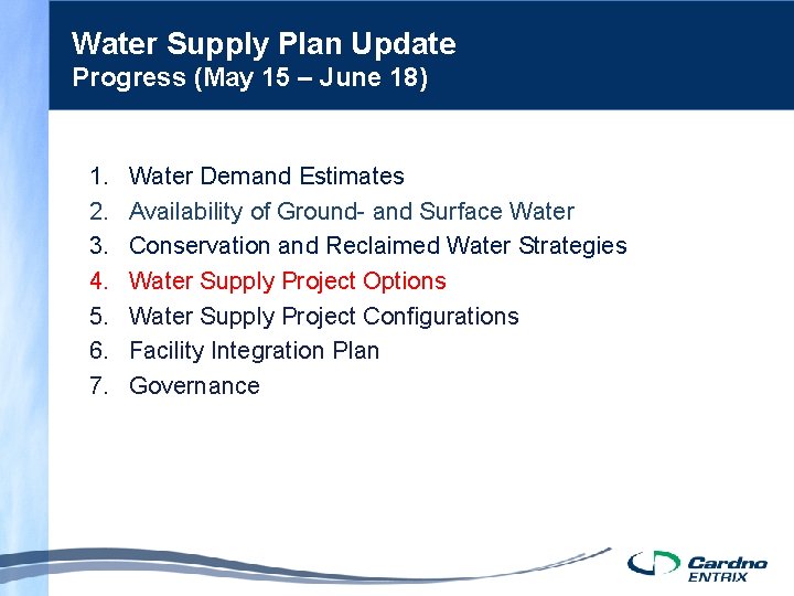 Water Supply Plan Update Progress (May 15 – June 18) 1. 2. 3. 4.