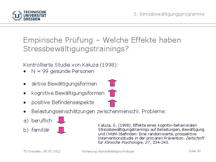 3. Stressbewältigungsprogramme Empirische Prüfung – Welche Effekte haben Stressbewältigungstrainings? Kontrollierte Studie von Kaluza (1998):