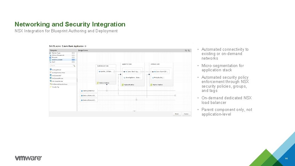 Networking and Security Integration NSX Integration for Blueprint Authoring and Deployment • Automated connectivity