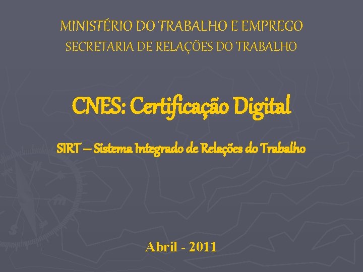 MINISTÉRIO DO TRABALHO E EMPREGO SECRETARIA DE RELAÇÕES DO TRABALHO CNES: Certificação Digital SIRT