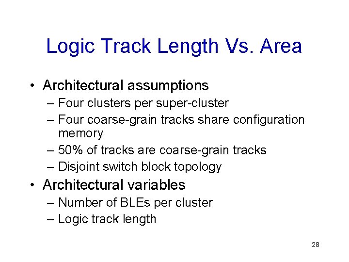 Logic Track Length Vs. Area • Architectural assumptions – Four clusters per super-cluster –