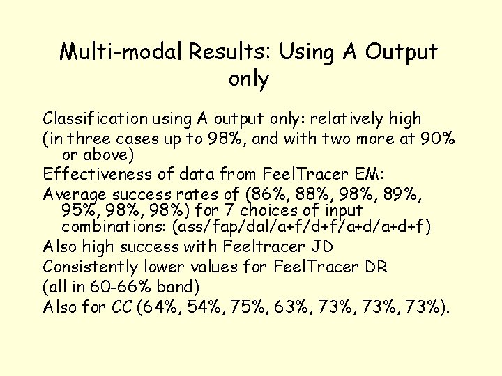 Multi-modal Results: Using A Output only Classification using A output only: relatively high (in