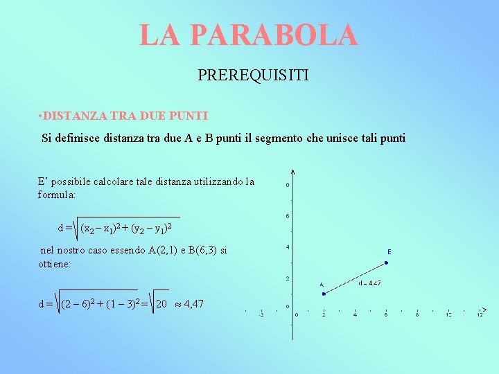 LA PARABOLA PREREQUISITI • DISTANZA TRA DUE PUNTI Si definisce distanza tra due A