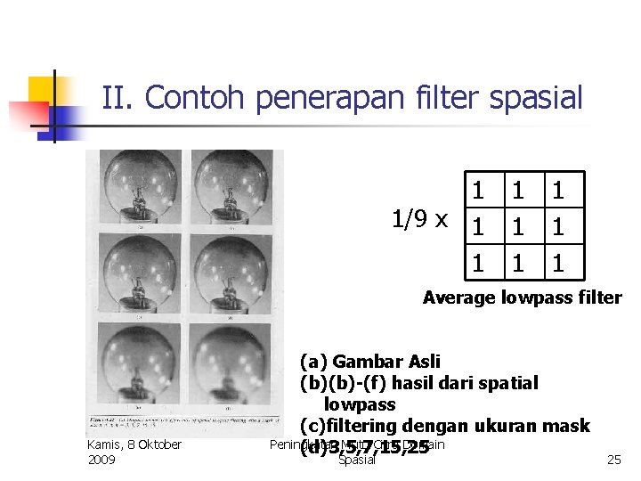 II. Contoh penerapan filter spasial 1 1/9 x 1 1 1 1 Average lowpass