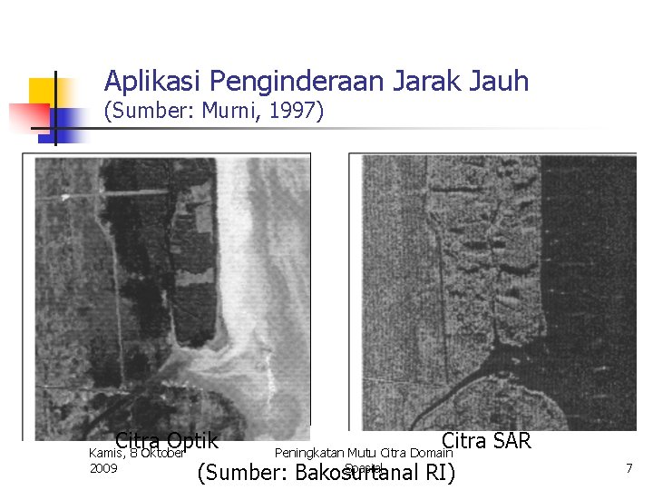 Aplikasi Penginderaan Jarak Jauh (Sumber: Murni, 1997) Citra Optik Citra SAR Peningkatan Mutu Citra