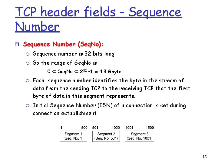 TCP header fields - Sequence Number r Sequence Number (Seq. No): m Sequence number