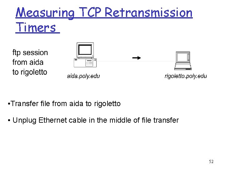 Measuring TCP Retransmission Timers • Transfer file from aida to rigoletto • Unplug Ethernet