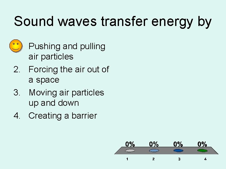 Sound waves transfer energy by 1. Pushing and pulling air particles 2. Forcing the