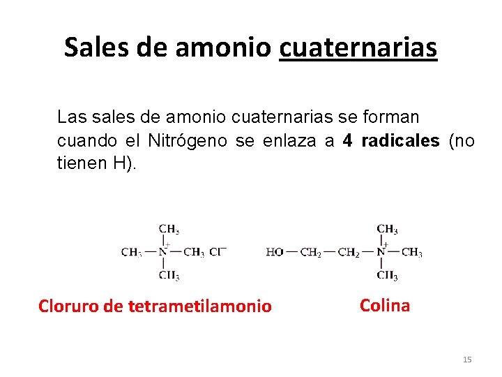 Sales de amonio cuaternarias Las sales de amonio cuaternarias se forman cuando el Nitrógeno