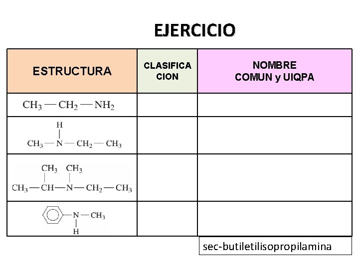 EJERCICIO ESTRUCTURA CLASIFICA CION NOMBRE COMUN y UIQPA sec-butiletilisopropilamina 