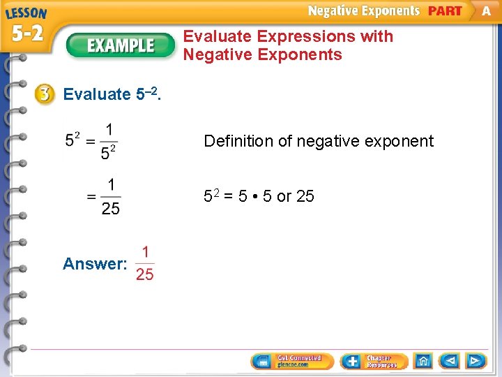 Evaluate Expressions with Negative Exponents Evaluate 5– 2. Definition of negative exponent 52 =