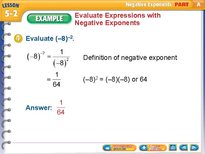 Evaluate Expressions with Negative Exponents Evaluate (– 8)– 2. Definition of negative exponent (–