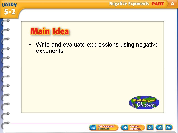  • Write and evaluate expressions using negative exponents. 