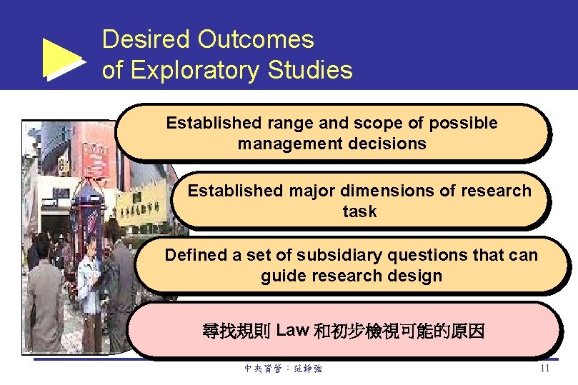 Desired Outcomes of Exploratory Studies Established range and scope of possible management decisions Established