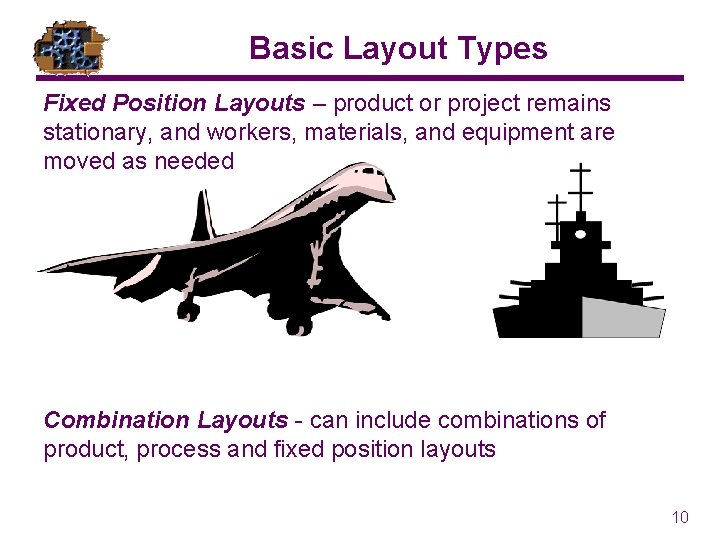 Basic Layout Types Fixed Position Layouts – product or project remains stationary, and workers,