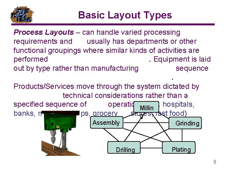 Basic Layout Types Process Layouts – can handle varied processing requirements and usually has