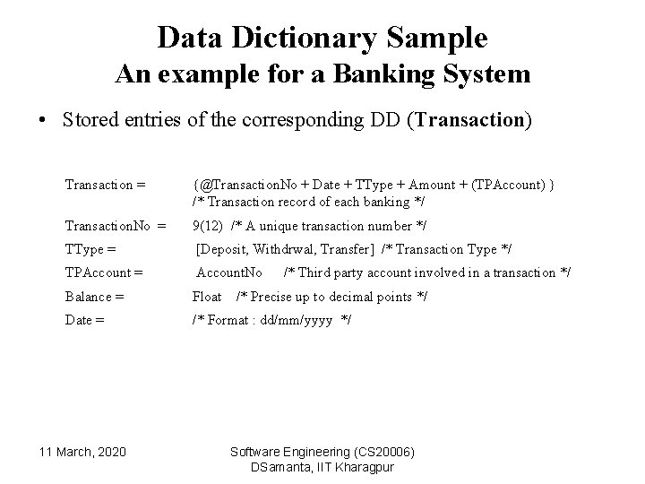 Data Dictionary Sample An example for a Banking System • Stored entries of the
