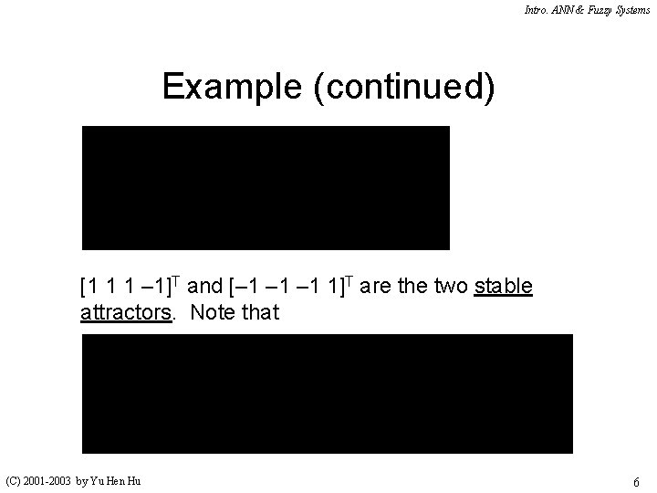 Intro. ANN & Fuzzy Systems Example (continued) [1 1 1 – 1]T and [–