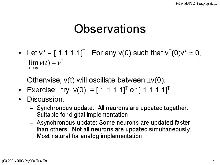 Intro. ANN & Fuzzy Systems Observations • Let v* = [ 1 1]T. For