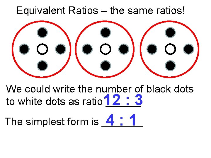 Equivalent Ratios – the same ratios! We could write the number of black dots