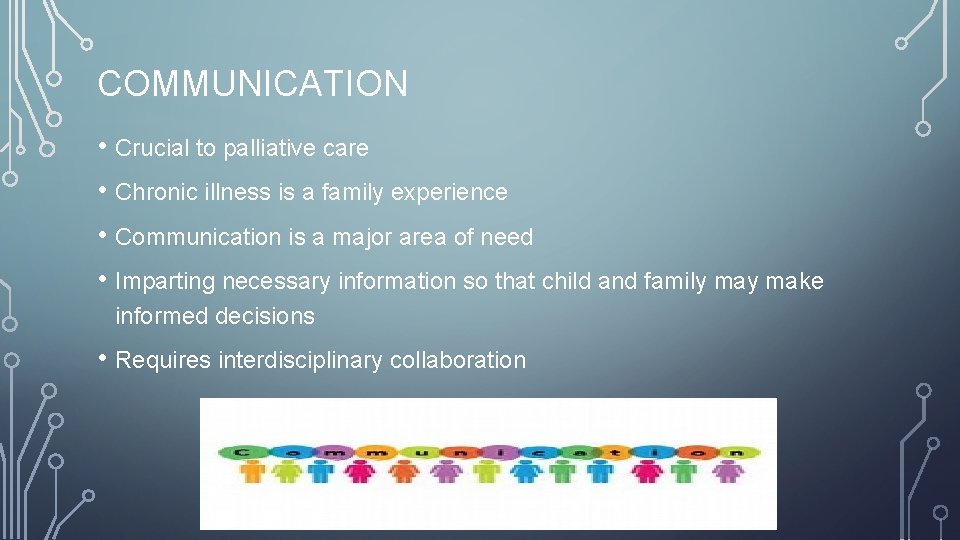 COMMUNICATION • Crucial to palliative care • Chronic illness is a family experience •