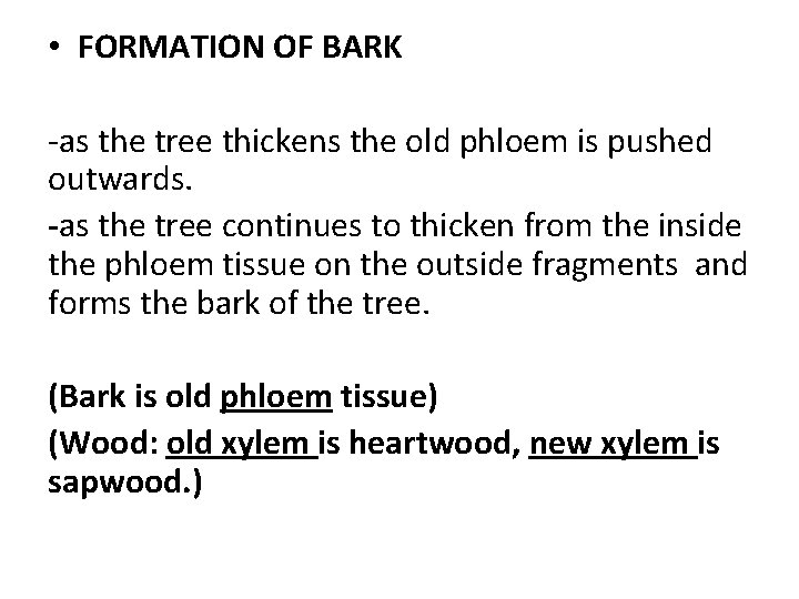  • FORMATION OF BARK -as the tree thickens the old phloem is pushed