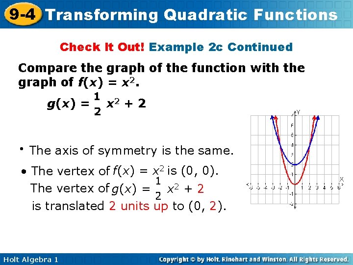 9 -4 Transforming Quadratic Functions Check It Out! Example 2 c Continued Compare the