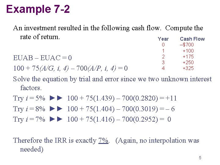 Example 7 -2 An investment resulted in the following cash flow. Compute the rate