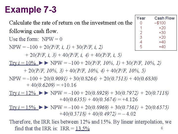 Example 7 -3 Calculate the rate of return on the investment on the following