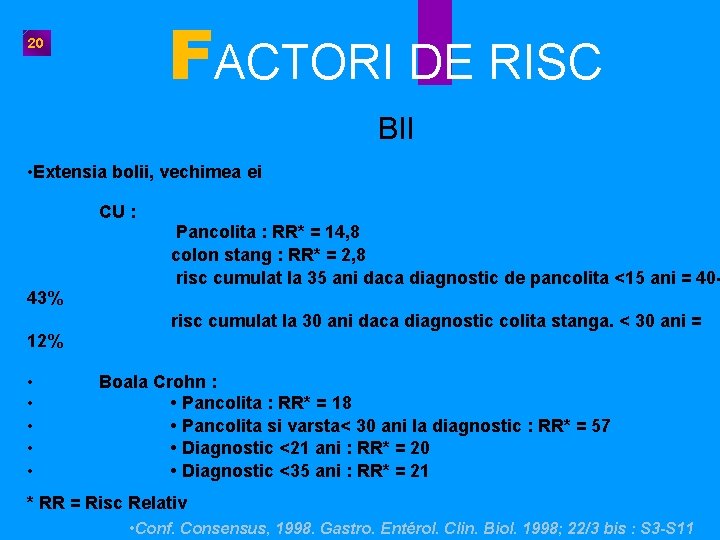 FACTORI DE RISC 20 BII • Extensia bolii, vechimea ei CU : Pancolita :