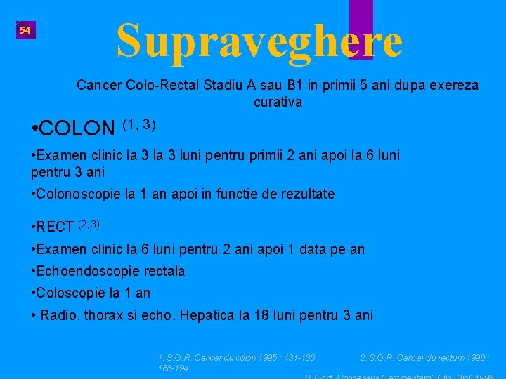 Supraveghere 54 Cancer Colo-Rectal Stadiu A sau B 1 in primii 5 ani dupa