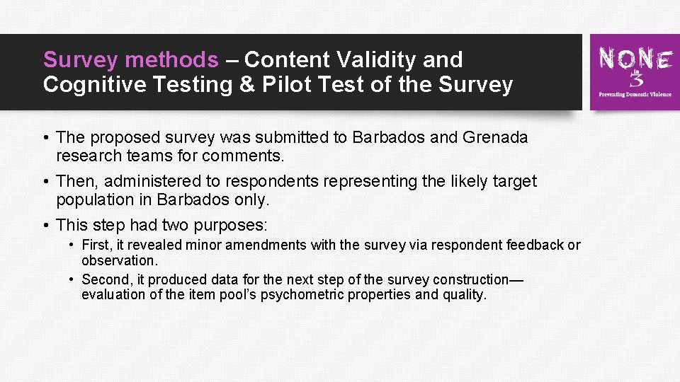 Survey methods – Content Validity and Cognitive Testing & Pilot Test of the Survey