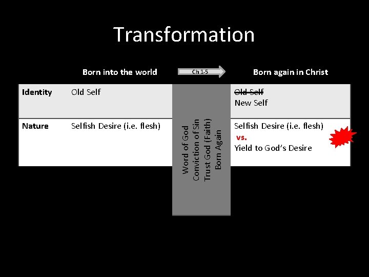 Transformation Identity Old Self Nature Selfish Desire (i. e. flesh) Master Slave to Sin