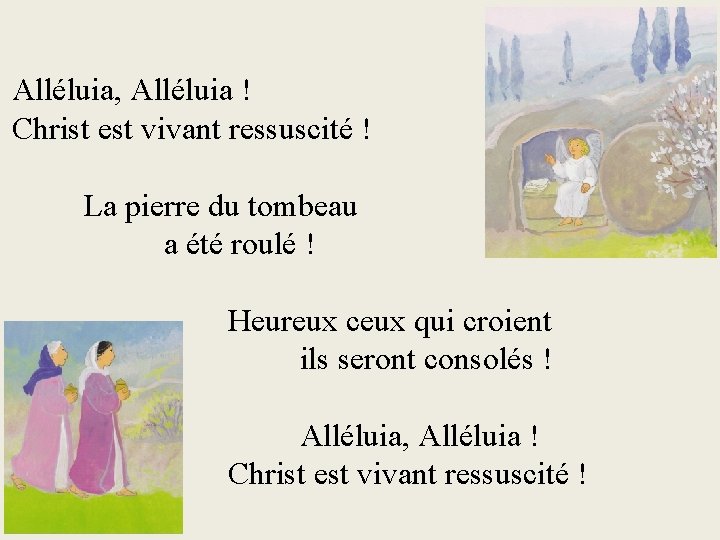 Alléluia, Alléluia ! Christ est vivant ressuscité ! La pierre du tombeau a été