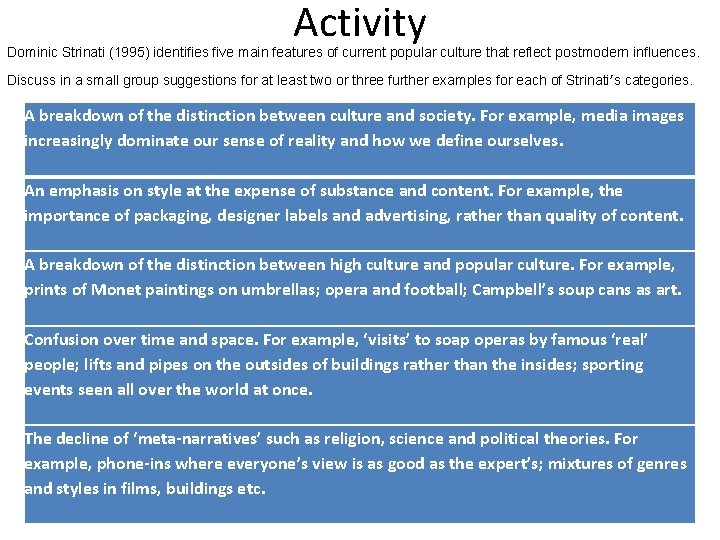 Activity Dominic Strinati (1995) identifies five main features of current popular culture that reflect