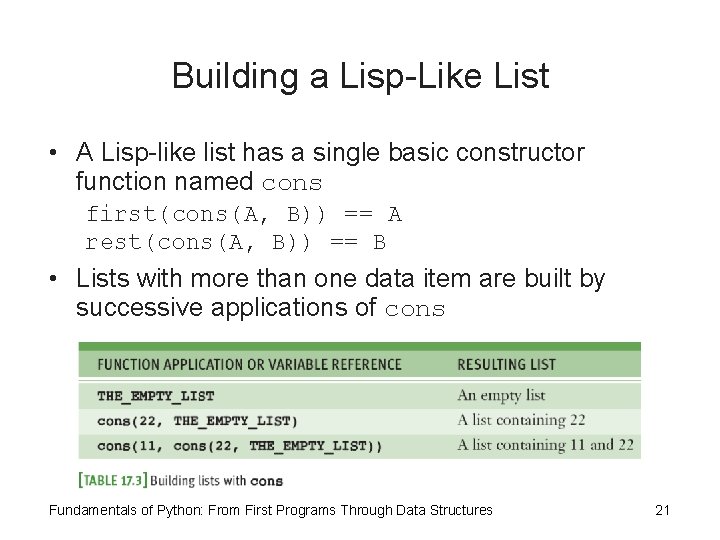 Building a Lisp-Like List • A Lisp-like list has a single basic constructor function