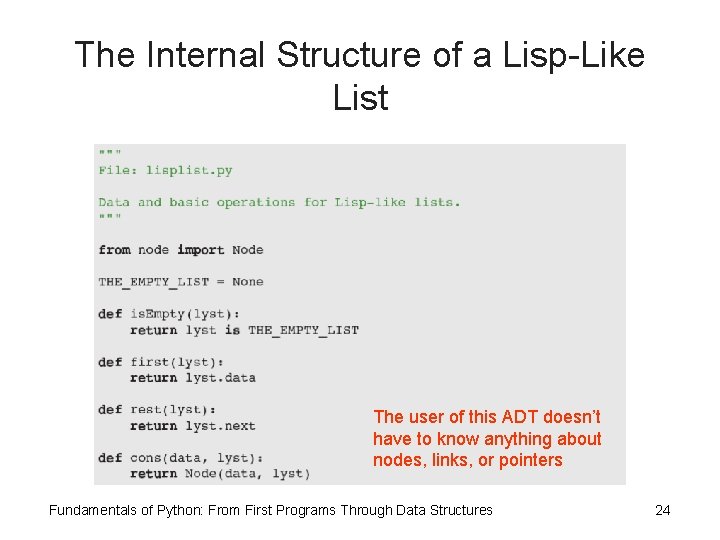 The Internal Structure of a Lisp-Like List The user of this ADT doesn’t have