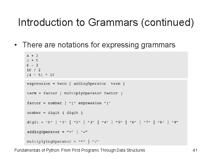 Introduction to Grammars (continued) • There are notations for expressing grammars Fundamentals of Python: