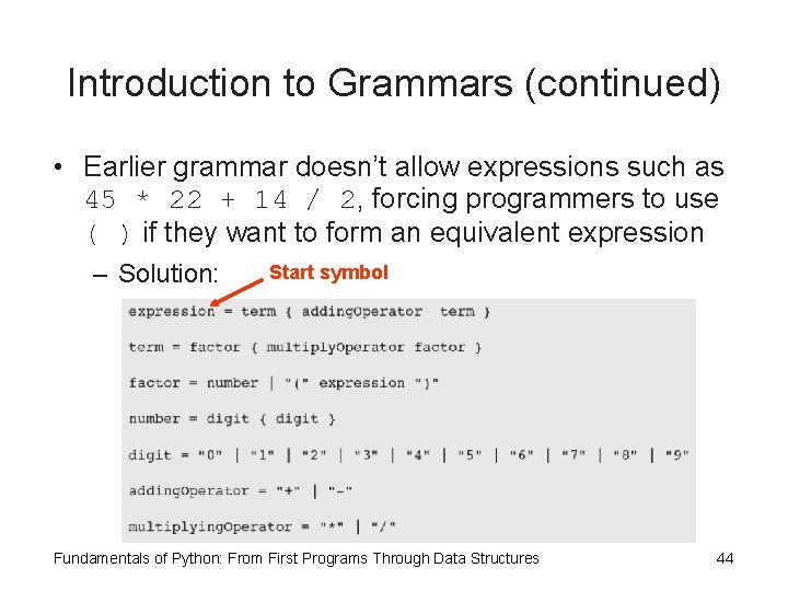 Introduction to Grammars (continued) • Earlier grammar doesn’t allow expressions such as 45 *