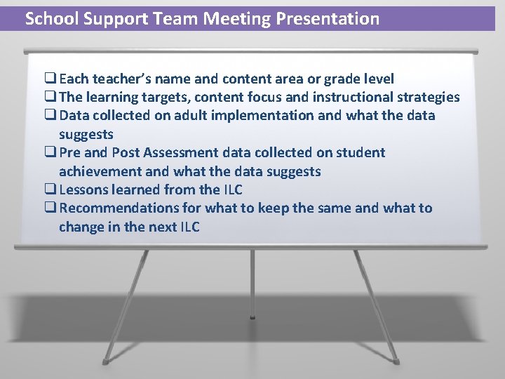 School Support Team Meeting Presentation q Each teacher’s name and content area or grade