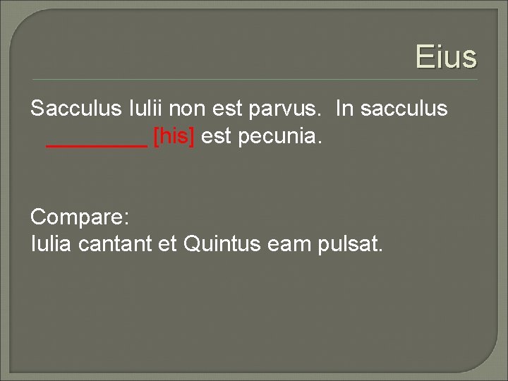 Eius Sacculus Iulii non est parvus. In sacculus ____ [his] est pecunia. Compare: Iulia